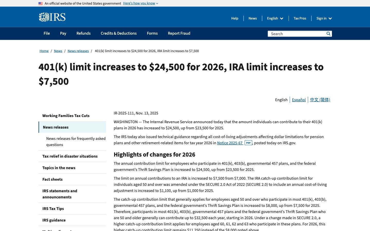 Screenshot of 401(k) limit increases to $24,500 for 2026, IRA limit increases to $7,500 on irs.gov