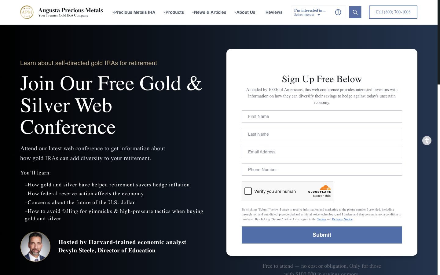 Screenshot of Sign Up: One-on-One Web Conference on augustapreciousmetals.com